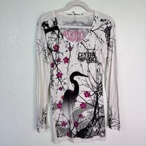 Christian Audigier Crystal Rock Top Womens Large Crane Blossom Y2K Tunic Shirt T